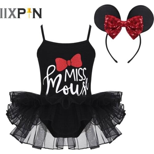 IIXPIN Kid Girls Ballet Tutu Dress Gymnastics Leotard Shiny Bowtie Letters Printed with Headband Dance Dress For Girls Ballet