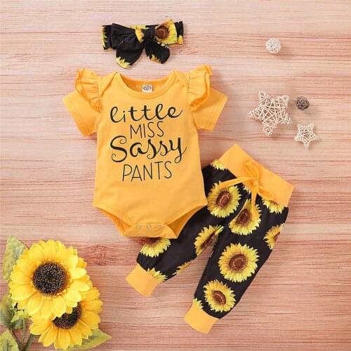Emmababy Newborn Baby Girl Clothes Letter Print Short SLeeve Romper Tops Sunflower Print Long Pants Headband 3Pcs Outfits Set