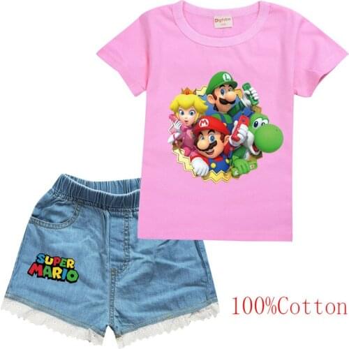 Baby Super Mario Girls Clothing Set Cute Summer T-Shirt Cartoon Children Boys Clothes Shorts Suit for Kids Outfit Denim Outfit