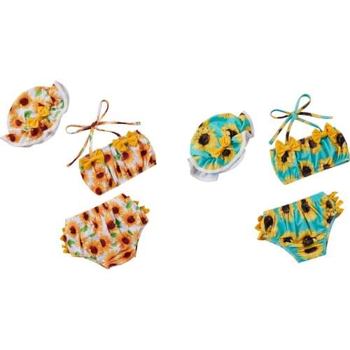 Newborn Baby Girls Sunflower Print Set, Sleeveless Crop Tops, Short Pants and Hat 3 Piece Swimsuit 3-24M