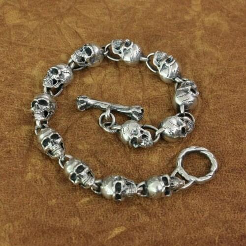 LINSION 925 Sterling Silver Details Skulls Chain Mens Biker Rock Punk Bracelet TA169