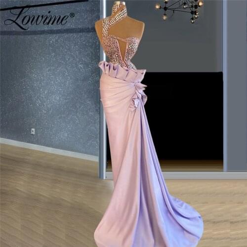 Lowime Lavender Evening Dresses Long Satin Crystals Party Gowns For Weddings 2021 Customized Beaded Mermaid Prom Dresses Robes