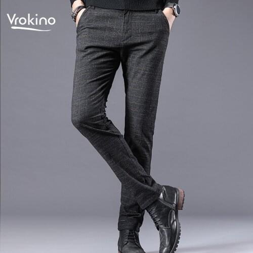 VROKINO 2019 Spring and Autumn New Listing Mens Casual Stretch Slim Trousers Fashion Mens Cotton Grey Casual Pants 26 28