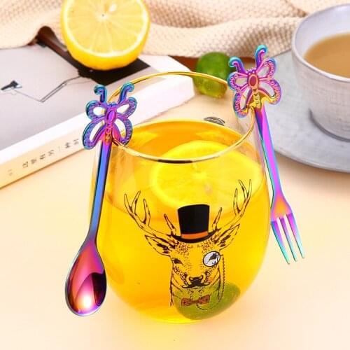 2pcs set, colorful stainless steel coffee spoon and fork set, butterfly design, cute decoration spoon fork for party, vintage