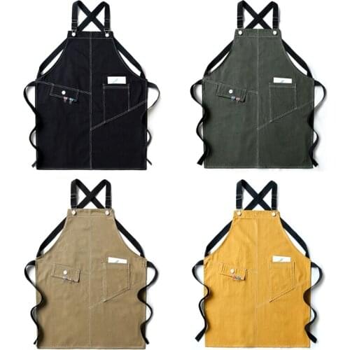 Solid Color Denim Apron with Pocket Cross Back Adjustable Buckle Kitchen Bib