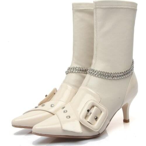 OLOMLB Women Pointy Toe Belt Buckle Ankle Boots Genuine Leather Metal Chain Stilettos High Heel Shoes Black Plus Size 34-44