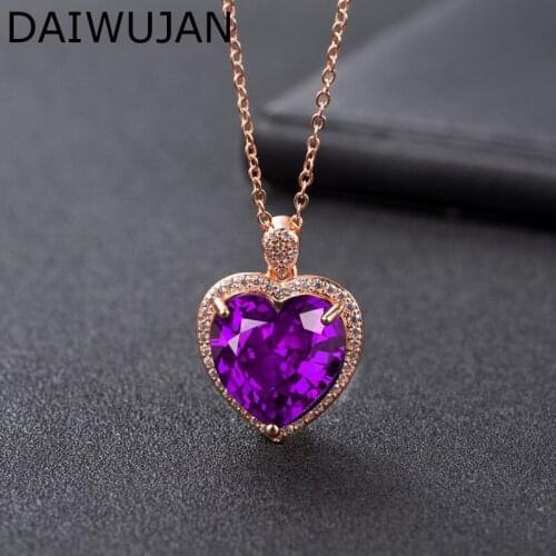 DAIWUJAN High Quality Crystal Heart Pendants & Necklaces For Women Rose Gold Amethyst Necklace 925 Sterling Silver Jewelry