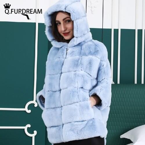 Q.FURDREAM 2020 Real Rex Rabbit Fur Luxury Coat O-neck Strips Bat Sleeves Chinchilla Color Winter Warm Fashion Overcoats