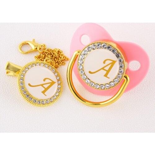 0-12 Months Luxury Pink Initial Letter A BlingBling Baby Pacifier with Clips Infant Newborn Dummy Nipple For Baby Shower Gift