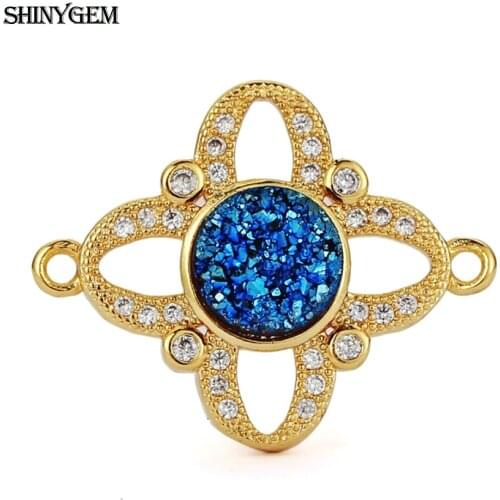 ShinyGem 5Pcs Trendy Flowers Micro Inlay Zircon Round Natural Druzy Stone Connectors 24K Gold Plated For DIY Jewelry Making
