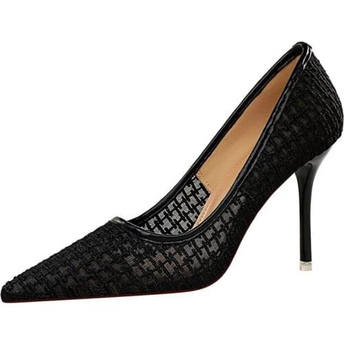 Sexy Mesh Cut Outs Women Single Shoes Thin High Heel Shallow Dress Shoes Woman Pointed Toe Office Pumps For Party Green