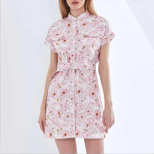 Vintage Flower Print Women Dress Fashion Sheath Mini Casual Dresses With Belt 3234