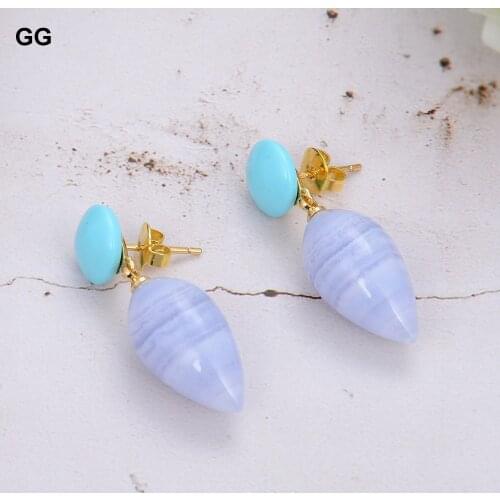 GuaiGuai Jewelry Natural Teardrop Blue Lace Agate Chalcedony Turquoise Drop Stud Earrings
