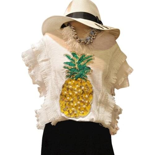 Korean Style Summer Tops Bead Sequin Pineapple T-shirt Women Sexy Elegant Fashion Loose Batwing Butterfly Sleeve T Shirts Female