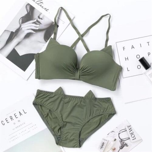 Women Cat Ear Shape Push Up Bra Seamless Padded Bra Sets Underwear Bras Suits Candy Color