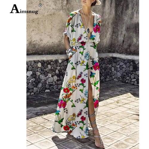 Vintage 2021 Long Maxi Dress Plus size 3xl Women Bohemian Flower Print Sundress A-line Robe Femme Deep V-neck Beach Dresses