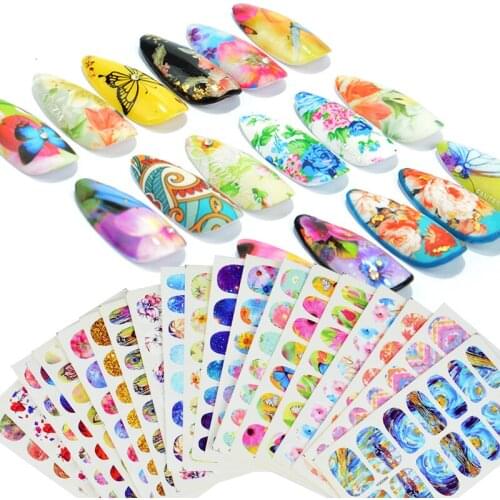 YWK 1 Set Mixed Design New Nail Art Sticker Set Black Lace Gold Silver Glitter Flower Water Decal Slider Wraps Decor Manicure