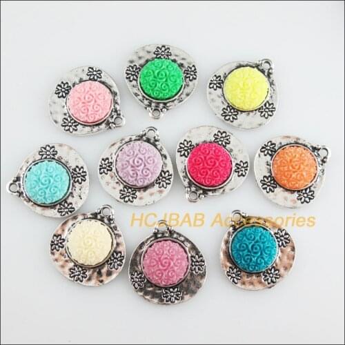 10 New Flower Heart Charms Tibetan Silver Tone Retro Mixed Round Resin Pendants 20.5x22.5mm