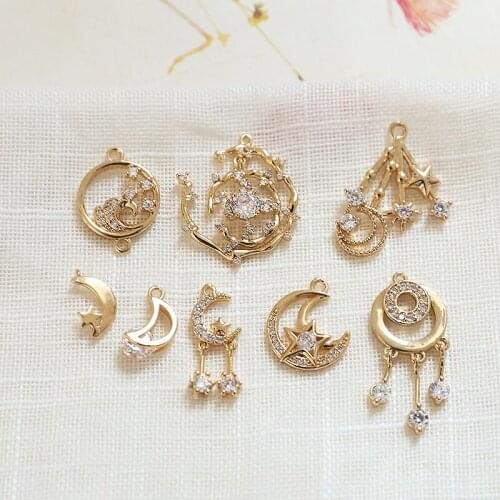6pcs Vintage Copper plating hollow Earrings For Girls Women moon star inlaid zircon pendant diy jewelry necklace accessories