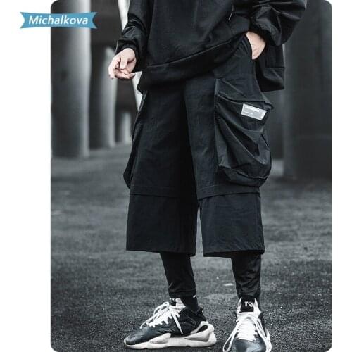 Big pocket Fake Two Piece Cargo Pants Baggy Spring Autumn Hip Hop Punk Harem Pants Mens Streetwear Joggers Black michalkova