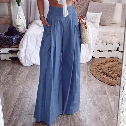 ZANZEA Women Wide Leg Pants Casual Pockets Long Trousers High Waist Back Zip Pantalones Mujer Office Lady Work OL Chic Bottoms