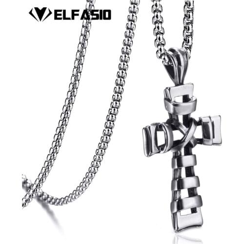 Elfasio Mens Stainless Steel Chain Silver Cross Religion Pendant Necklace Jewelry 45-90cm