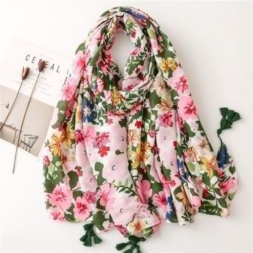 2020 Designer Flower Print Cotton Scarf for Women Thin Breathable Scarves Foulard Femme Long Muslim Hijab lady Shawls and Wraps