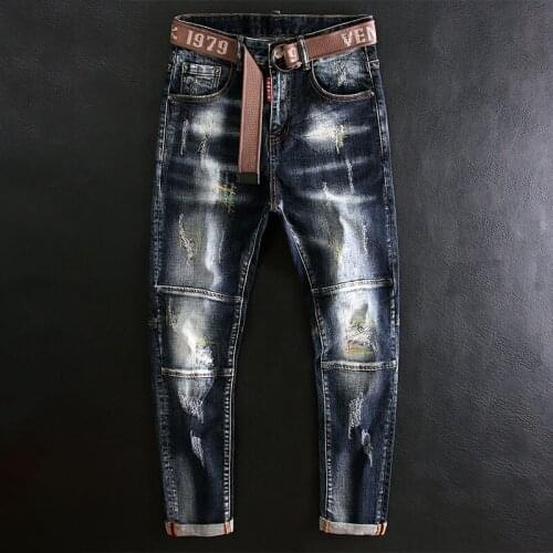 European American Street Fashion Men Jeans Elastic Slim Retro Ripped Jeans Men Spliced Designer Hip Hop Denim Biker Pants Homme