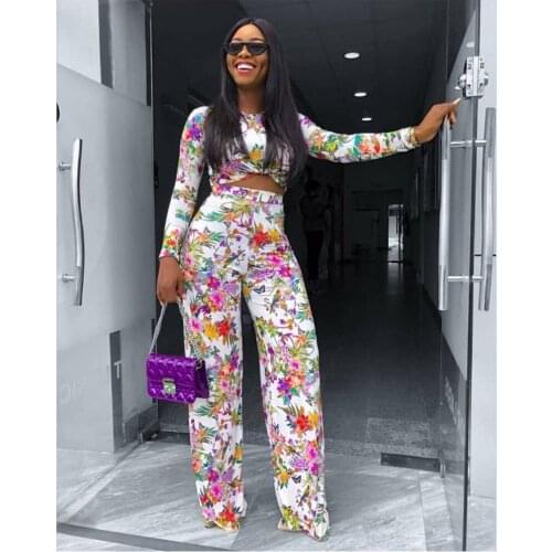 KALENMOS 2020 Ins Internet Celebrity Famous Two Piece Office Lady Women Set Print Floral T-shirts and Long Pants African Clothes
