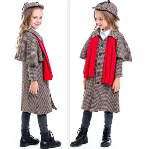 Kids Child Detective Costumes Movie Character Cosplay Boys Girls Plaid Jacket with Hat Scarf Halloween Carnival Party Outfits