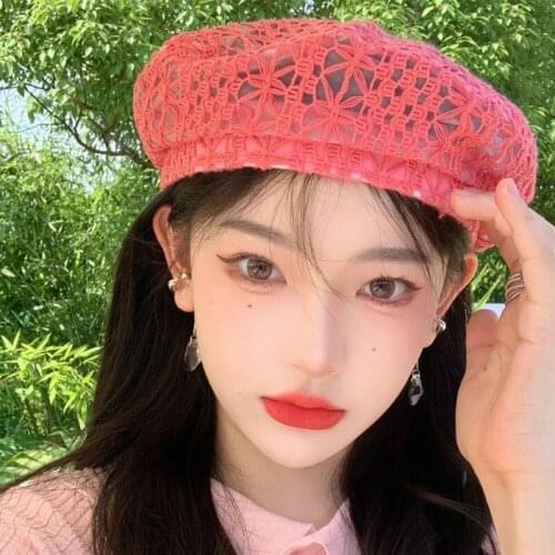 Summer Breathable Lace Flower Lady Beret Hats for Women Leisure Painter French Caps Gorros