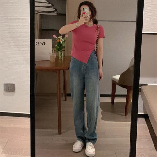 Summer Casual Pink Slim Chic Female Crop Top Harajuku Split Fork Irregular Short Sleeve T-shirts Solid Color Simplicity Tops
