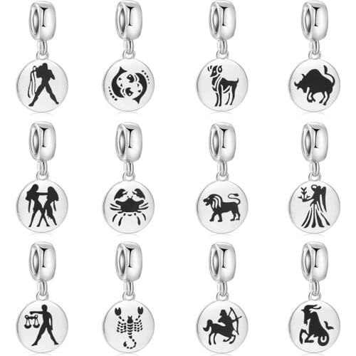 Hot 925 Sterling Silver 12 Constellation fine Pendants beads Fit Original European Charm Bracelet Jewelry making