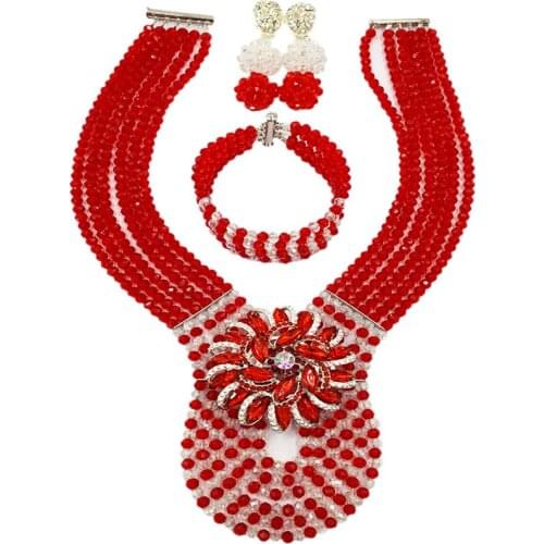 Fashion Women African Jewelry Set Red and Transparent Beaded Costume Jewelry Nigerian Wedding Party Necklace 6C-XJZ015