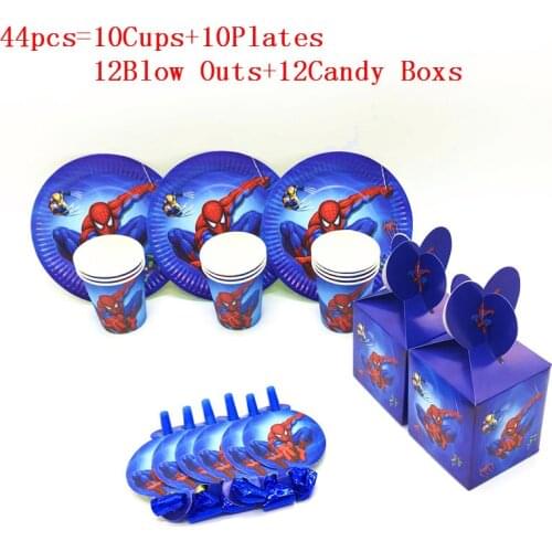 44PCS Spiderman Kids Birthday Party Decoration Set Cup Plate Blowout Candy Box Party Supplies Baby Birthday Event Party Supplies