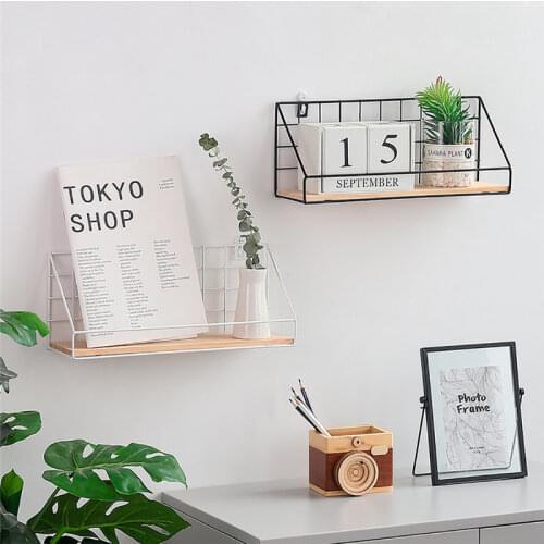 Nordic Style Iron Wall Shelf with Wooden Tray Wall Mounted Organizer Holder Minimalist Ornament Hanging Storage Display Rack