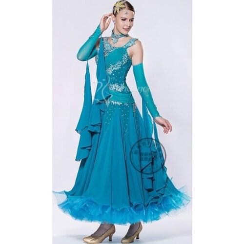 Customize blue Fox trot Quick step Ballroom tango Modern tango Waltz competition Dance Dress long sleeve for black pool