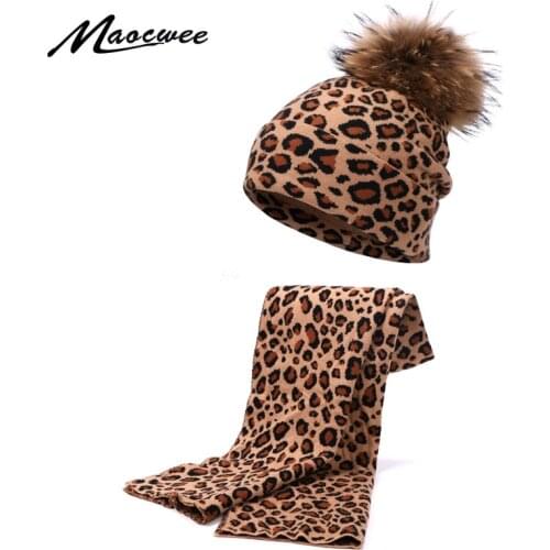 New Winter Leopard Printed Hat Scarf Set With Pompon Woman Knitting New Crochet Warm Hat Skullies Unisex Caps Warm Beanie Suits