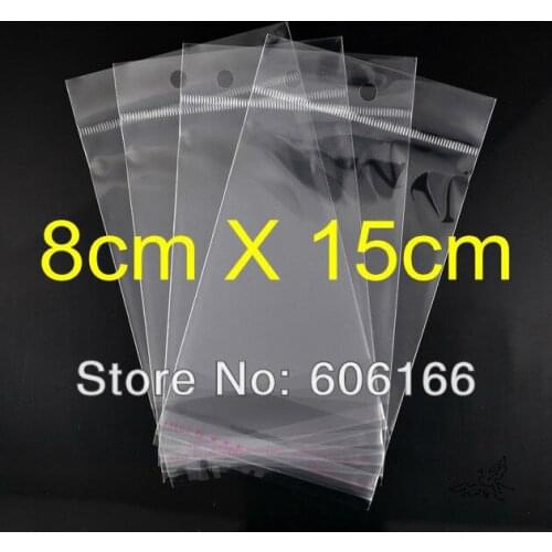 Wholesale 400pcs/lot 8x15 cm Hanging Hole Clear Self Adhesive Seal Poly OPP Bag Plastic Packaging Bags