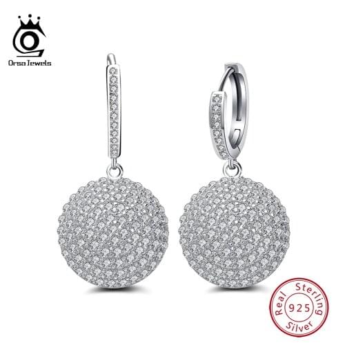 ORSA JEWELS Sterling Silver 925 Earrings Round Shape With Prong Paved AAA CZ Shiny Hollowed Backside Drop Earrings SE42
