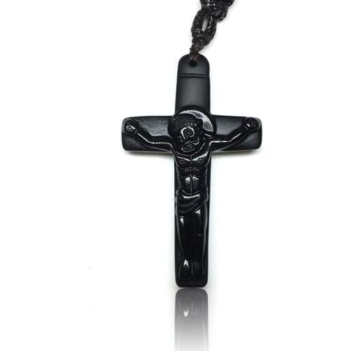 Natural Obsidian Jesus Christ Cross Pendant Necklace Europe Style Jewelry Jesus Cross Pendant With Lucky Chain For Men Women