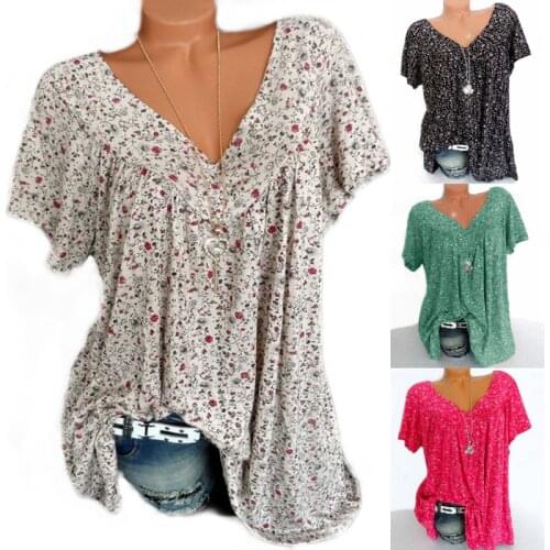 Casual Summer Printed T-Shirt Women V-Neck Tshirt Tunic Tops Female Plus Size Short Sleeve S-5XL Shirt Blusas Pullover Top Tees