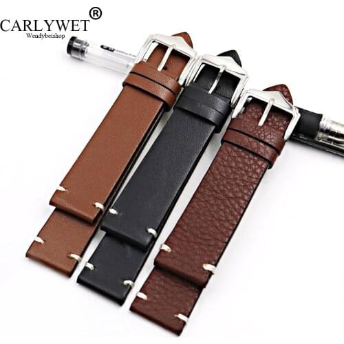 CARLYWET 20 22 24mm Cowhide Smooth Vintage Leather Black Brown Replacement Watch Band For Daytona Submariner Omega Tag