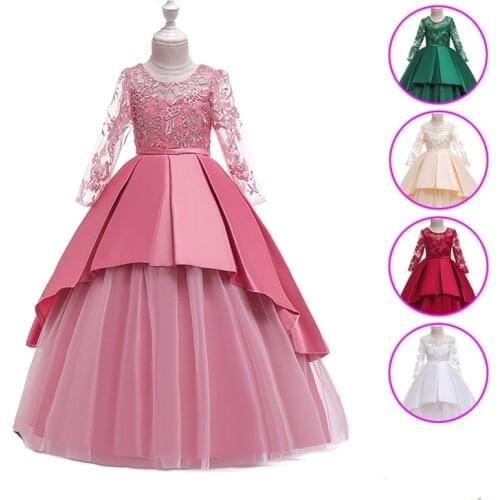 Girls Hollow Long Sleeve Princess Kids Tutu Elegant Party Wedding Clothing Lace Dress 4-14 Years