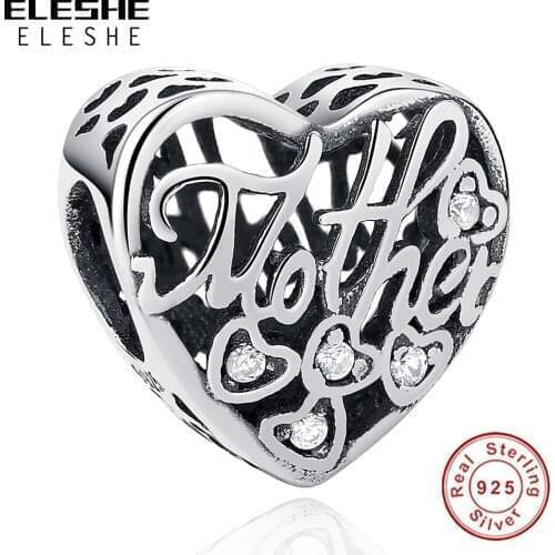Wholesale 5PCS ELESHE S925 Silver Mother Love Bead Hollow Heart Charm Fit Jewelry Making Original Bracelet DIY Accessories