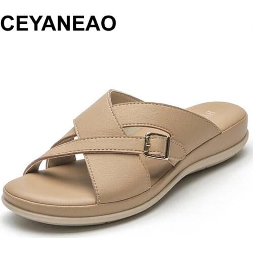 CEYANEAOShoes Women Slippers Summer Low Pantofle Big Size Slides Rubber Flip Flops On A Wedge Soft 2021 Genuine Leather Hawaiian