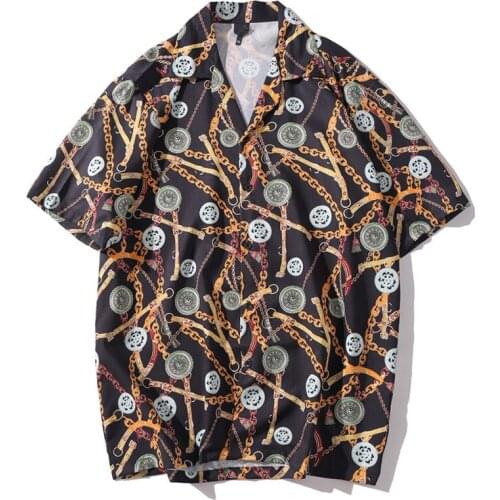 Hip Hop Shirt Streetwear Men Hawaiian Shirt Retro Belt Chain Print Harajuku Beach Shirt HipHop Shirts Summer Short Sleeve