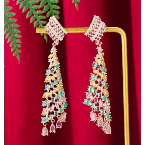 High Quality New Design Cute Bright Long Dangle Earring For Women Wedding Cubic Zirconia DUBAI Bridal Earring Party Jewelry 2021