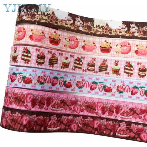 YJHSMY I-191211-2697,25mm 10yards cake Strawberry cartoon Printed grosgrain Ribbons,bow cap,Clothing,Party DIY Decorations