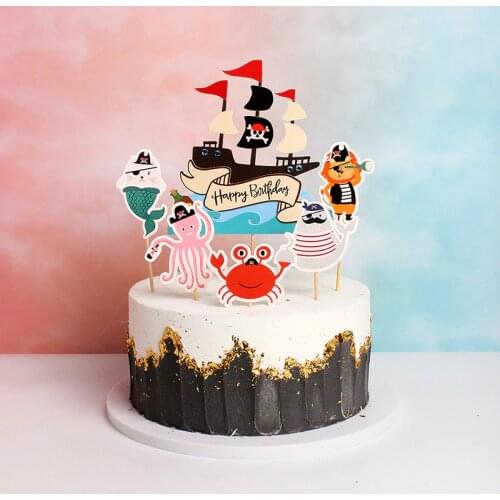 Pirate Theme Happy Birthday Paper Cake Topper Pirate Ship Skull Birthday Cake Topper Kid Birthday Party Cake Decoration Supplies